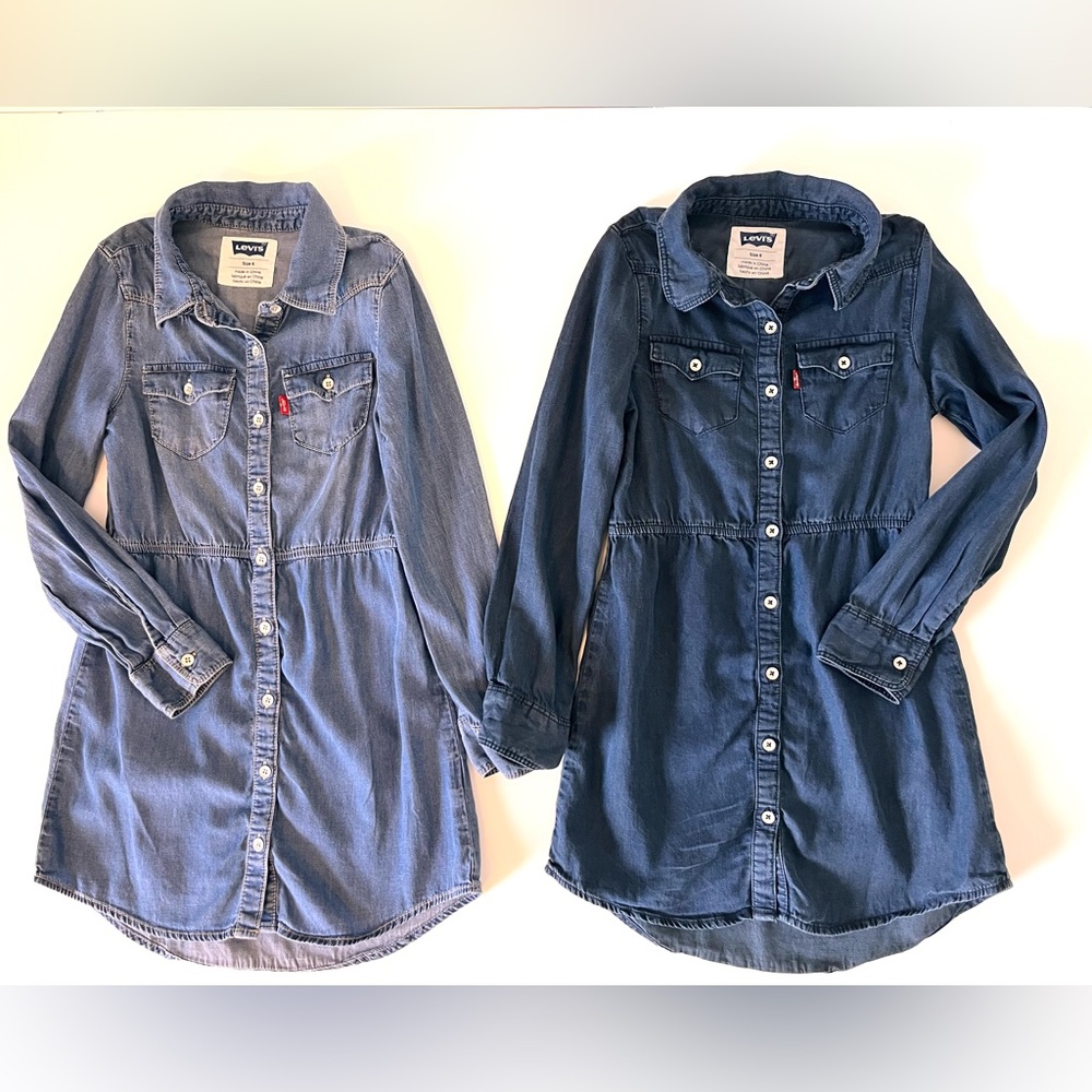 Levi’s Kid Girls Two Denim Blue Jean Dresses Light Wash and Dark Wash Size 6
